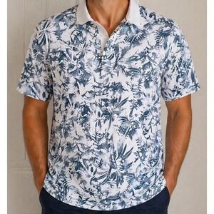 Caribbean Joe Polo Shirt Men Med. Blue White Flower Hawaiian Print Short Sleeve
